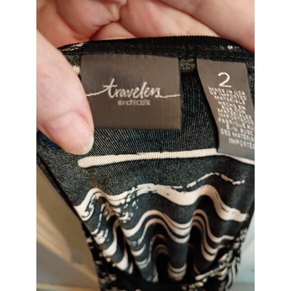 Travelers By Chico's Top Black White Striped Sz 2 Sheer Flutter Sleeves Stretch - Picture 5 of 9